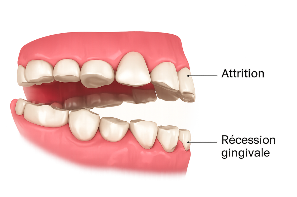 Illustration médicale du bruxisme montrant l’attrition dentaire et la récession gingivale
